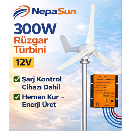 "300W 12V Rüzgar Türbini Seti - NepaSun ile Enerji Üretin"