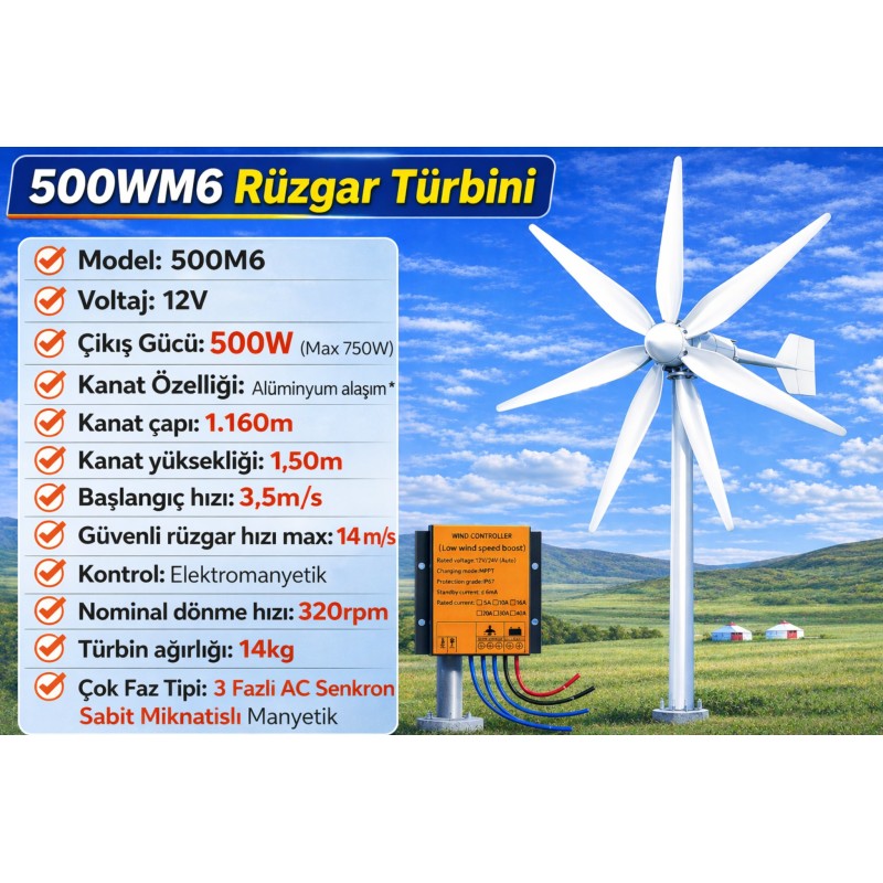 500M6 12V Rüzgar türbini + Şarj Kontrol cihazı