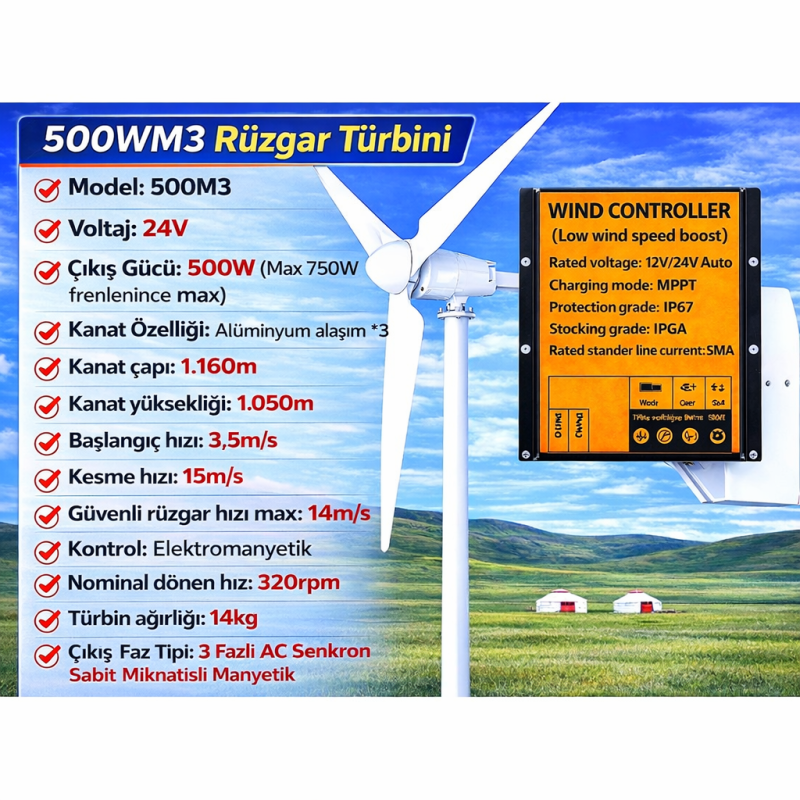 500M3 24V Rüzgar türbini + Şarj Kontrol cihazı