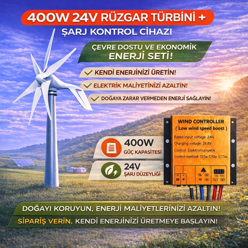 400W 24V Rüzgar Türbini + Şarj Kontrol Cihazı | Yenilenebilir Enerji Seti