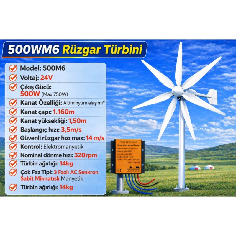 500M6 24V Rüzgar türbini + Şarj Kontrol cihazı - 3