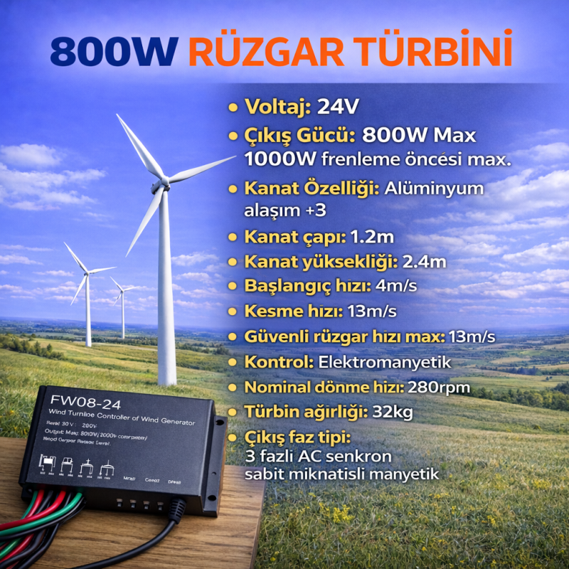 800W-24V Rüzgar Türbini + Şarj Kontrol Cihazı