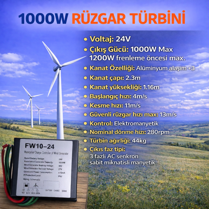 1000W Rüzgar Türbini 24V + Şarj Kontrol Cihazı