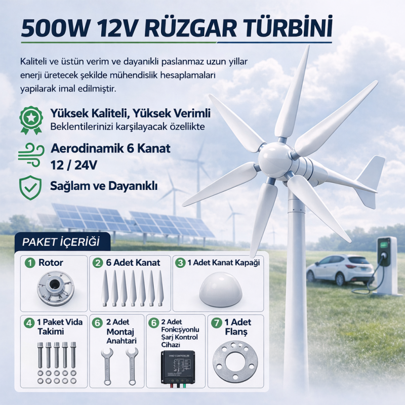 "500W 12V Yatay Rüzgar Türbini ve Şarj Kontrol Cihazı"