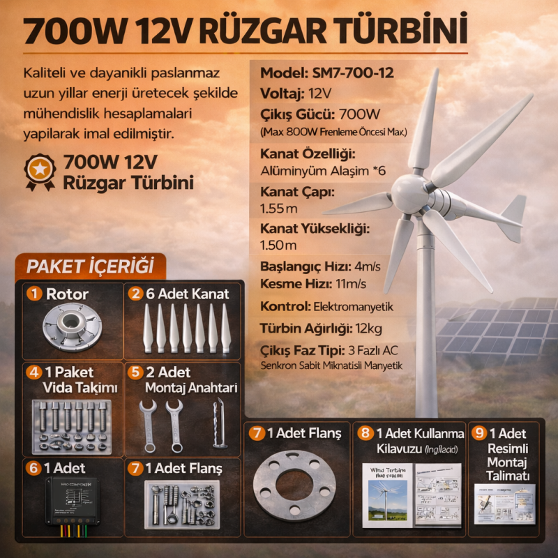 700W 12V 6 Kanat Rüzgar türbini + Şarj Kontrol cihazı