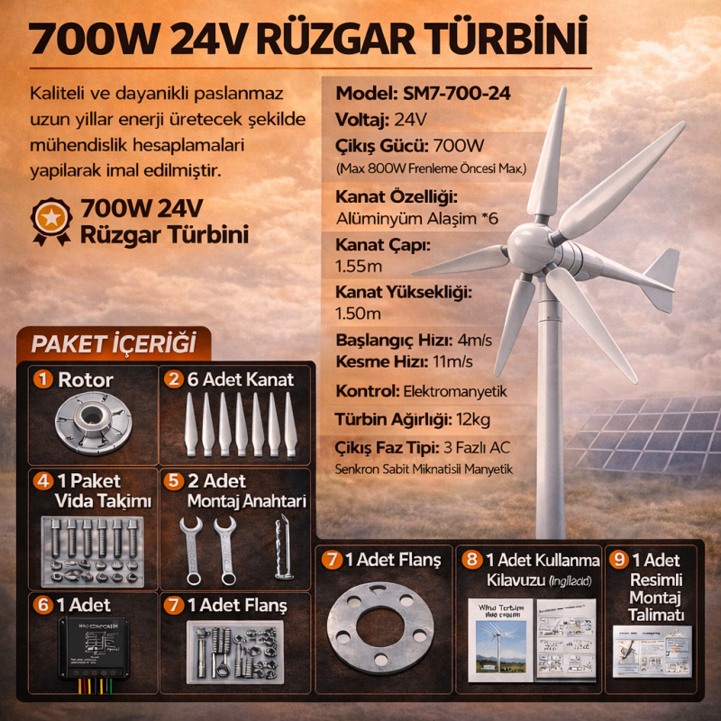 700W 24V 6 Kanat Rüzgar türbini + Şarj Kontrol cihazı