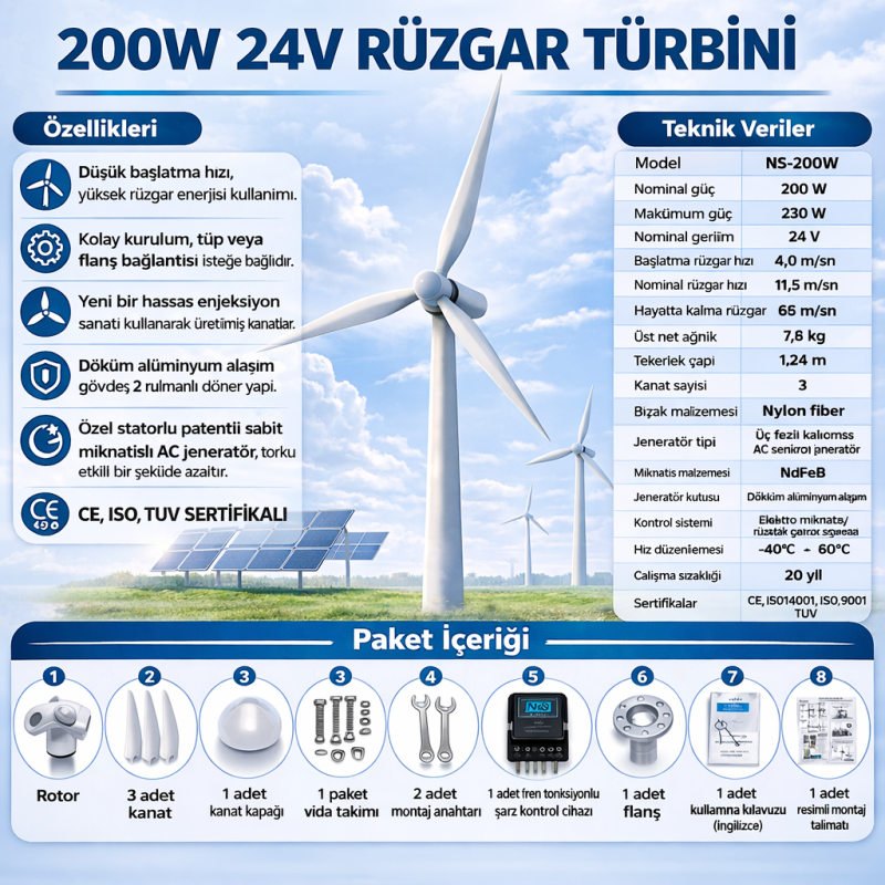 "200W 24V Rüzgar Türbini ve Şarj Kontrol Cihazı"
