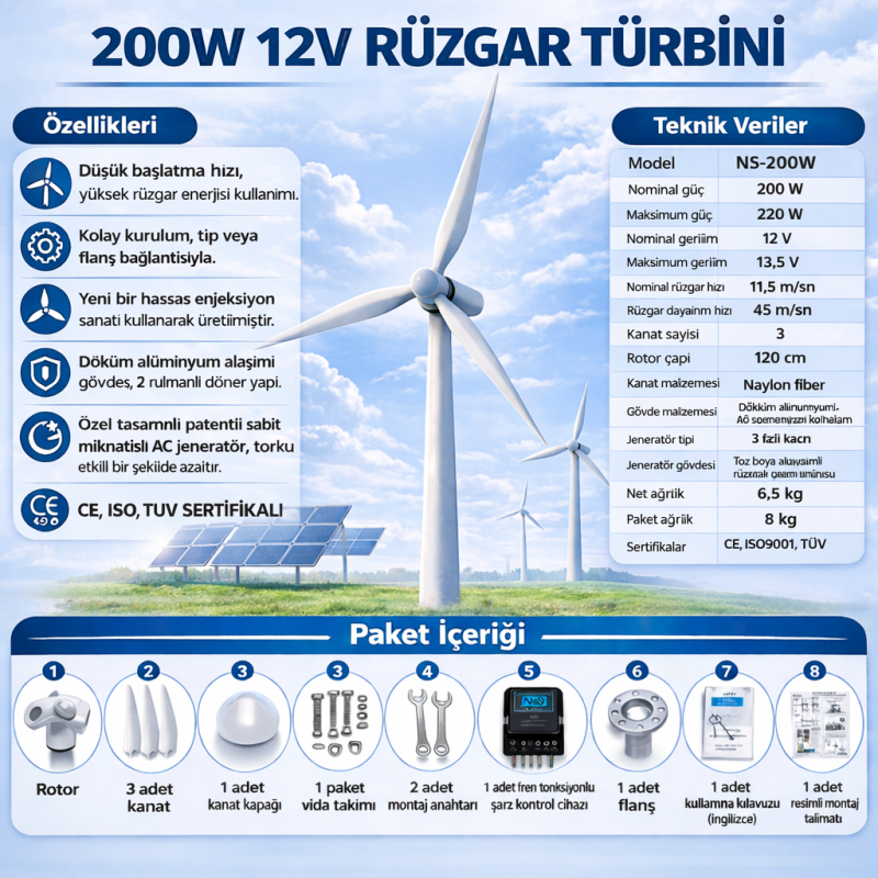 **SEO Title:**  200W 12V Rüzgar Türbini + Şarj Kontrol C