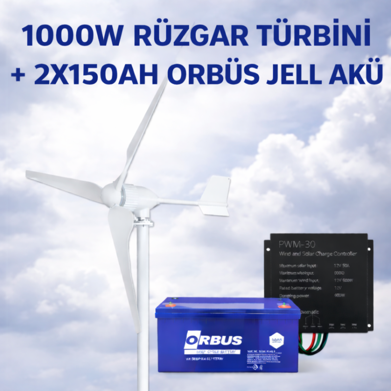 **SEO Title:**  1000W Rüzgar Türbini + 2x150Ah Orbüs Jel