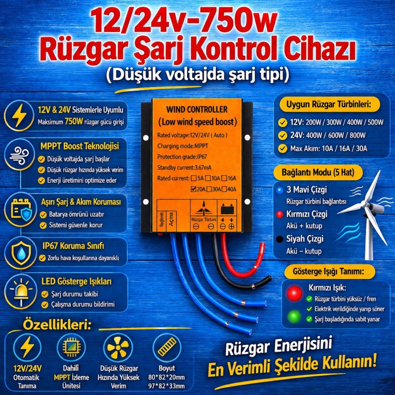 12/24v-750w MPPT Ruzgar şarj kontrol cihazı