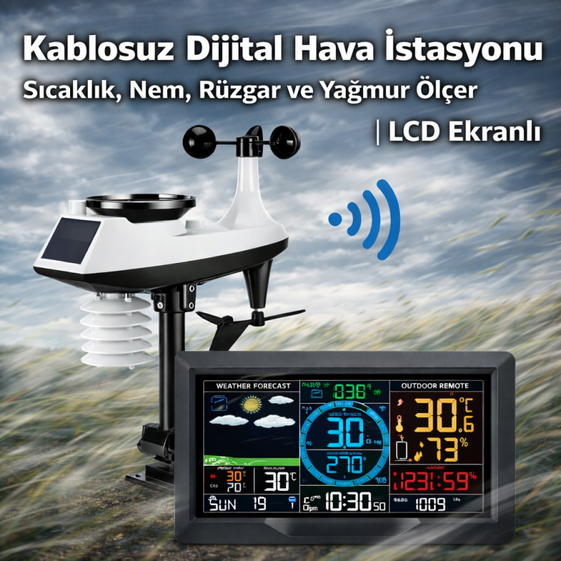 Kablosuz Dijital Hava İstasyonu | Sıcaklık, Nem, Rüzgar ve Yağmur Ölçer | LCD Ekranlı