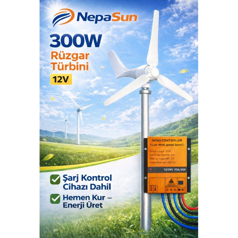 "300W 12V Rüzgar Türbini Seti - NepaSun ile Enerji Üretin"