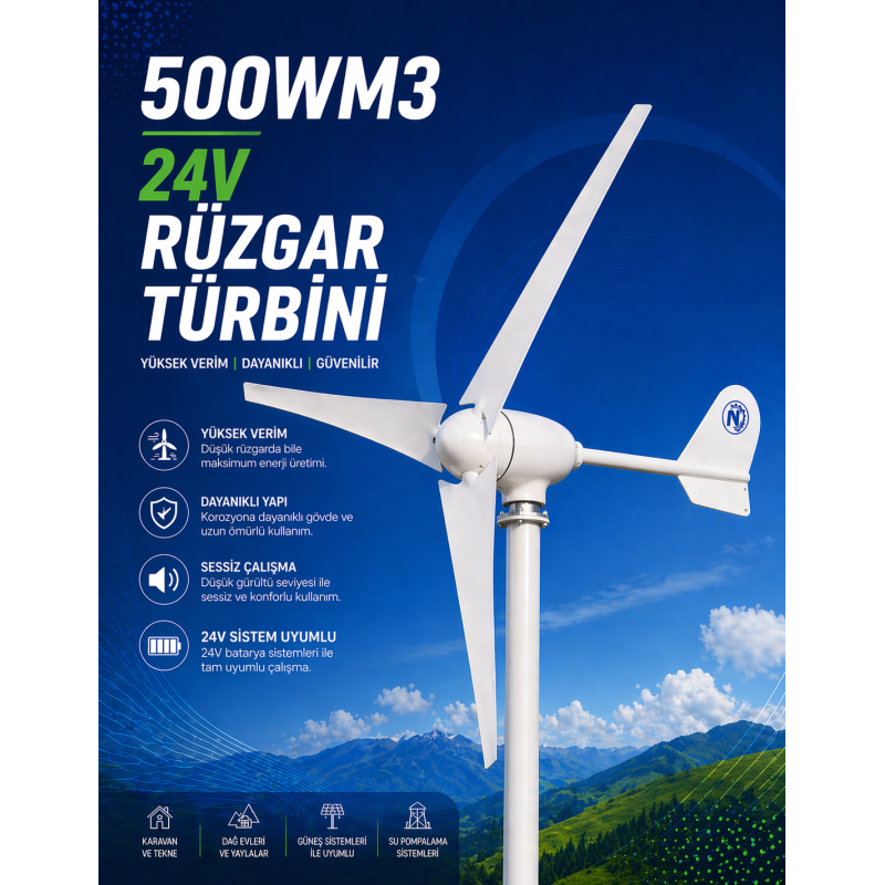 500M3 24V Rüzgar türbini + Şarj Kontrol cihazı