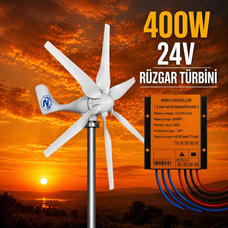 400W 24V Rüzgar Türbini + Şarj Kontrol Cihazı | Yenilenebilir Enerji Seti