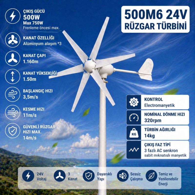 500M6 24V Rüzgar türbini + Şarj Kontrol cihazı