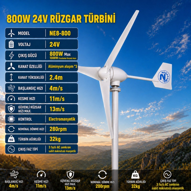 800W-24V Rüzgar Türbini + Şarj Kontrol Cihazı