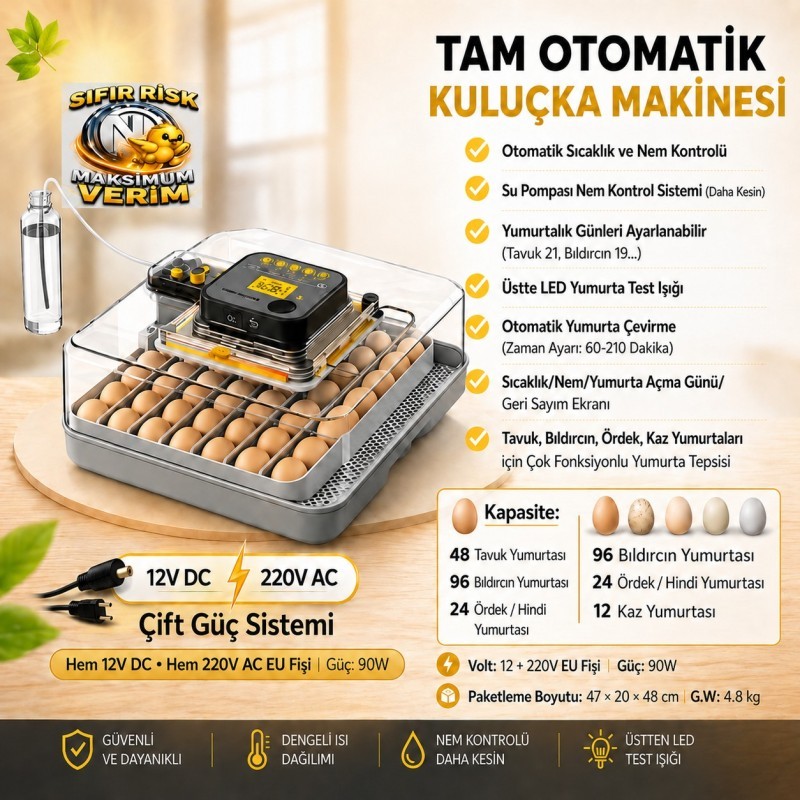 48 Yumurtalık Çift Güç Tam Otomatik Kuluçka Makinesi