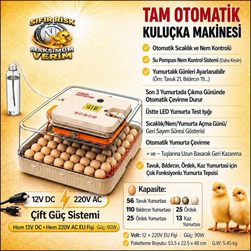 56 Yumurtalık Çift Güç Tam Otomatik Kuluçka Makinesi
