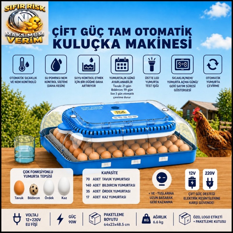 70 Yumurtalık Güç Tam Otomatik Kuluçka Makinesi